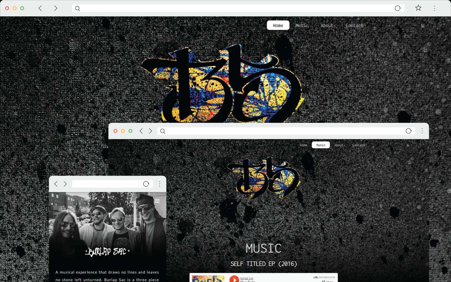 A browser window on the Burlap Sac home page: a blue, yellow and red band mark set over black concrete texture, with Home, Music, About and Contact across the top, and two smaller frames overlapping it showing the music page and a photograph of the band.