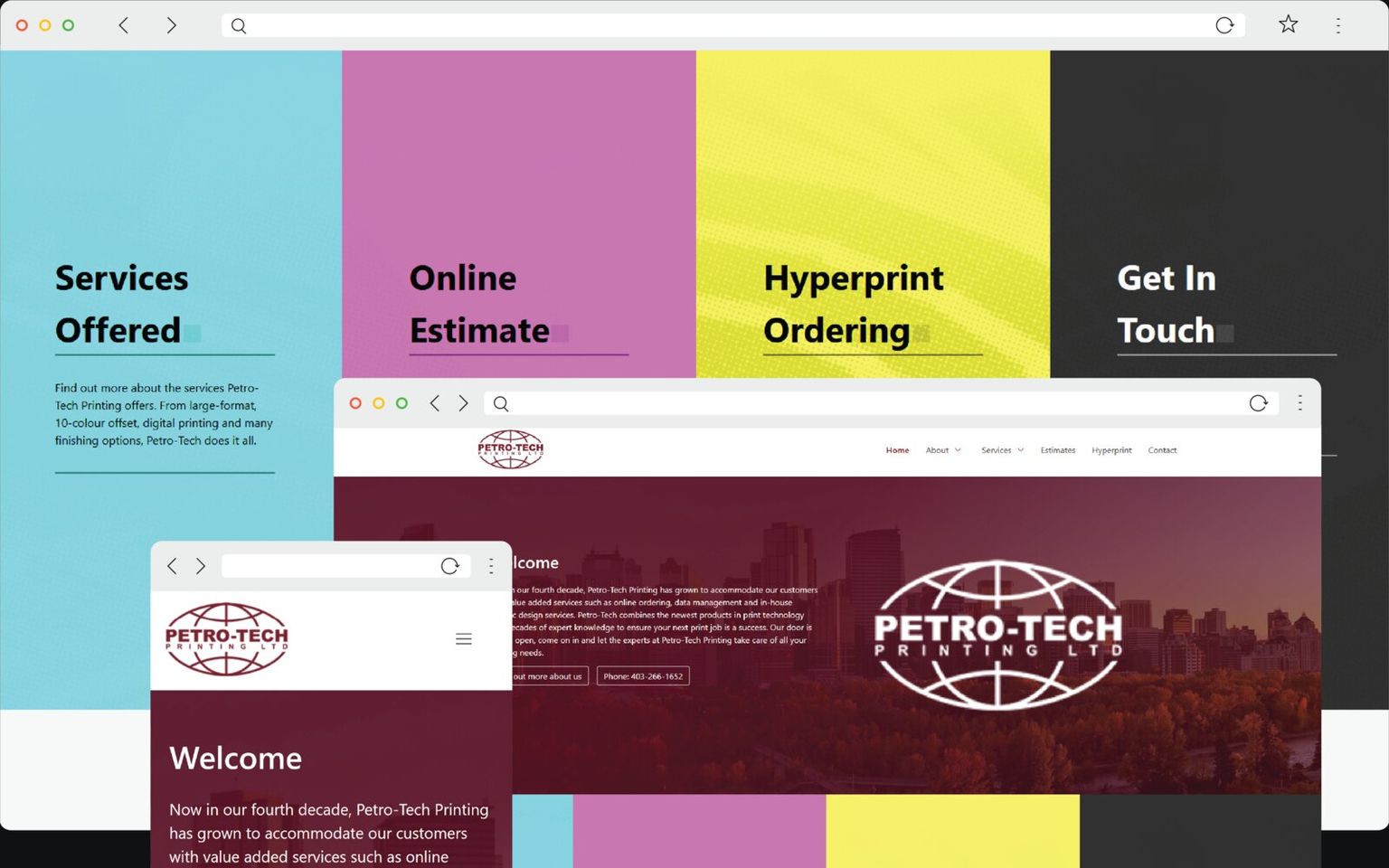 A browser window on the Petro-Tech Printing site, its page split into cyan, magenta, yellow and black panels headed Services Offered, Online Estimate, Hyperprint Ordering and Get In Touch, with a second window over it showing a burgundy skyline hero and the globe mark.