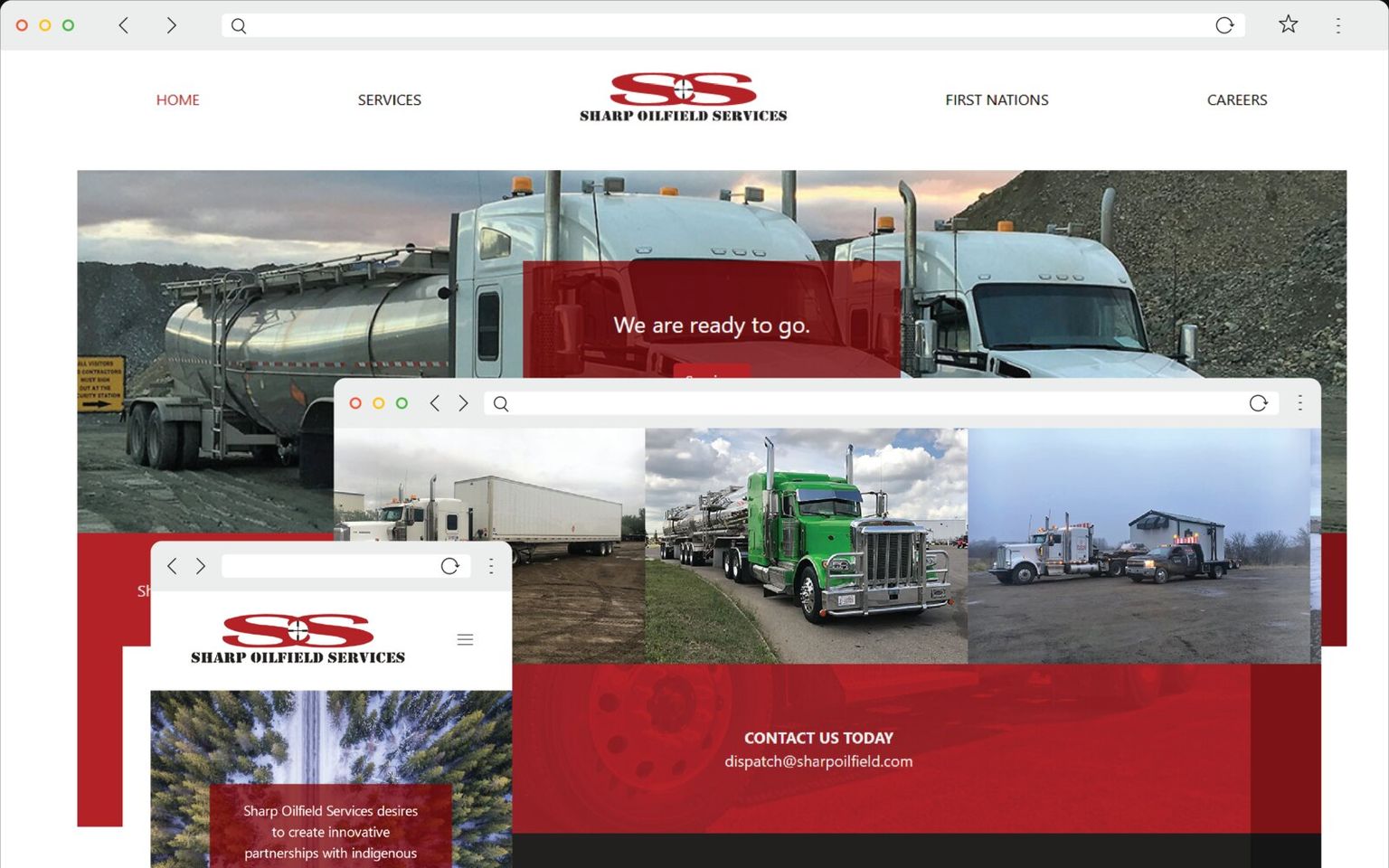 A browser window on the Sharp Oilfield Services home page: the red S mark between HOME, SERVICES, FIRST NATIONS and CAREERS, and a photograph of two tanker trucks carrying the line We are ready to go, with two smaller frames overlapping it.