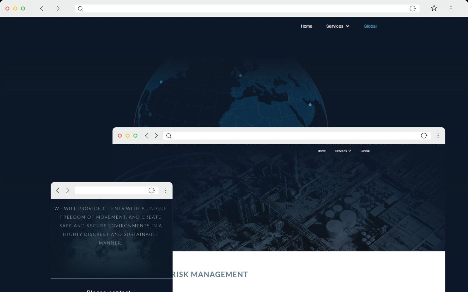 A browser window on the dark navy Team Savante Group home page, a faint blue wireframe globe filling the page behind Home, Services and Global in the navigation, with two smaller frames overlapping its lower half.