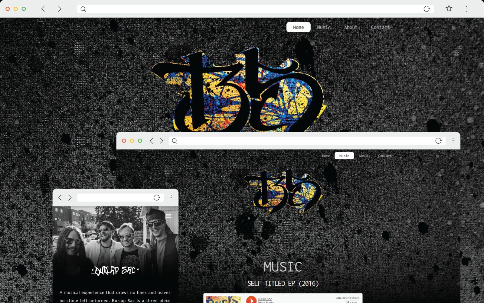 A browser window on the Burlap Sac home page: a blue, yellow and red band mark set over black concrete texture, with Home, Music, About and Contact across the top, and two smaller frames overlapping it showing the music page and a photograph of the band.