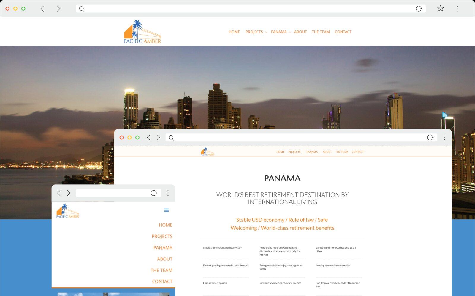 A browser window on the Pacific Amber home page: the orange and blue Pacific Amber mark above a dusk photograph of a city skyline across the water, with a second window headed PANAMA and a mobile menu overlapping it.