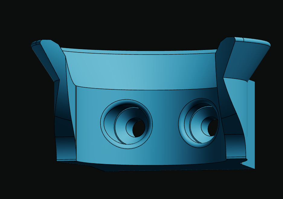 A shaded front view of the same bracket, blue on black: two countersunk screw holes through the curved back plate and the two flared arms of the collar standing out at either side.
