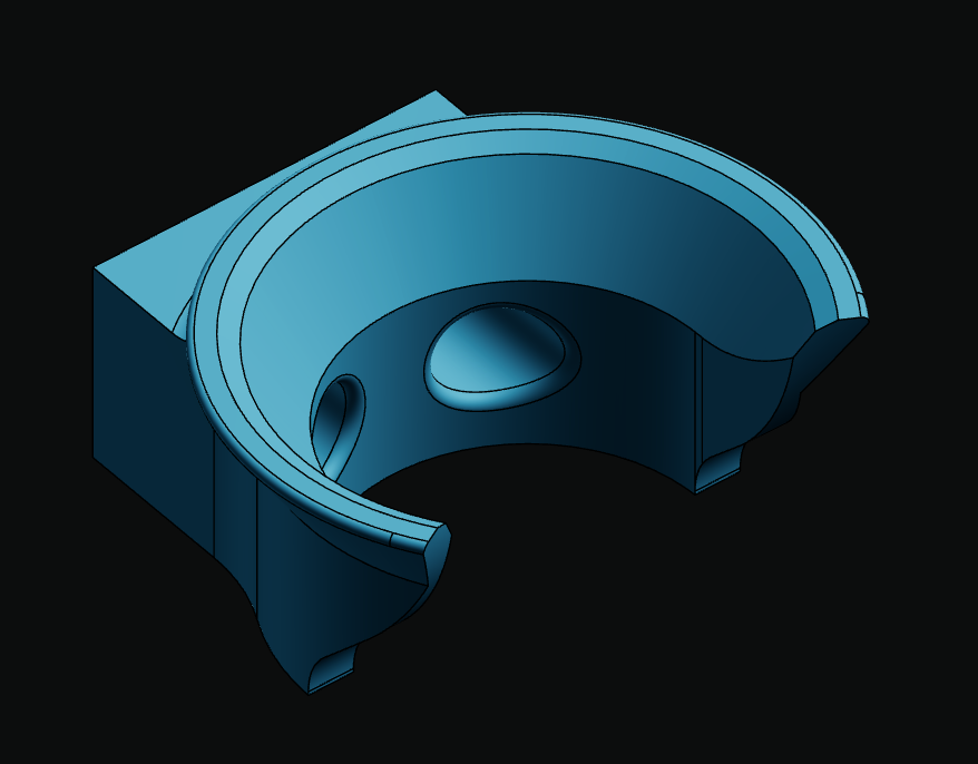 A shaded three quarter view of the bracket in a modelling window, blue on black: a C shaped collar with a raised lip running round it, a flat back plate behind, a countersunk screw hole, and a teardrop shaped relief cut through the wall of the collar.