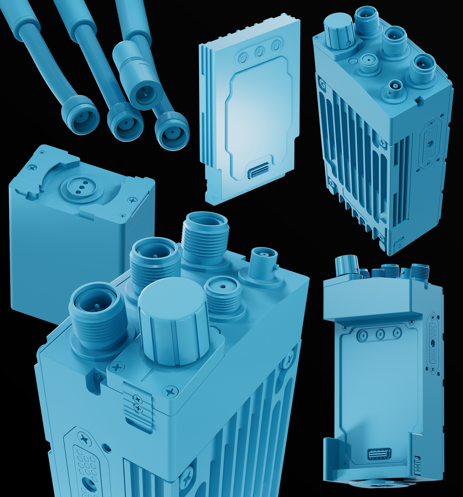 An untextured clay sheet in flat blue on black: three flexible antennas with their threaded bases, a rear plate with three contacts, the unit from above with its connector bank and finned side, the battery, a close view of the connector bank, and the unit in its mounting cradle.