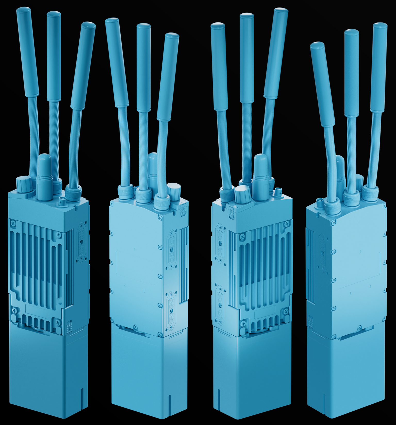 An untextured clay sheet in flat blue on black: the assembled unit with its battery and three antennas, turned to show each of its four sides.