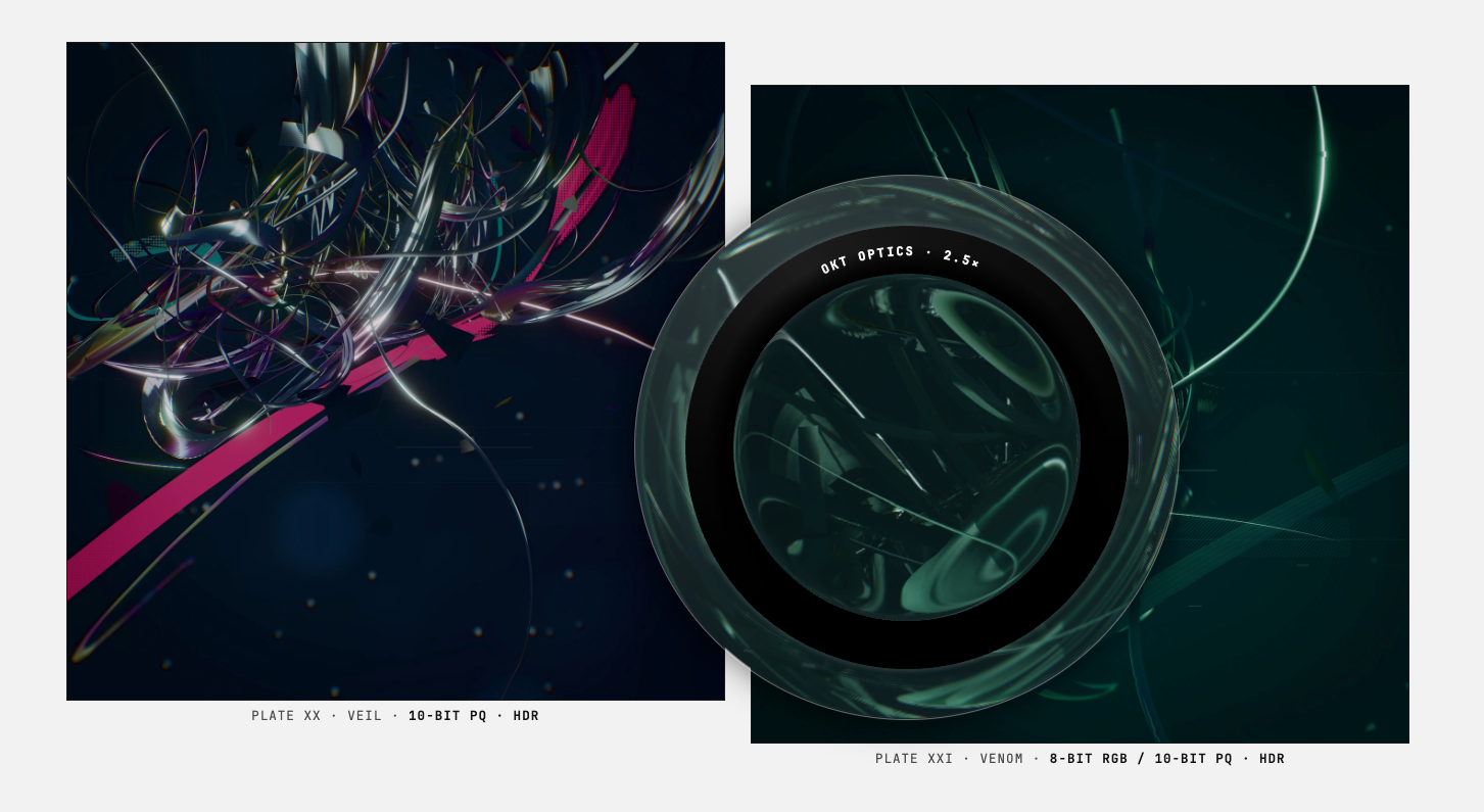 A screenshot of two plates side by side on pale grey: on the left a tangle of bright filaments crossed by a magenta ribbon, on the right a green tinted plate with the round magnifier resting over its centre. Each plate carries a small caption naming it and its colour depth.