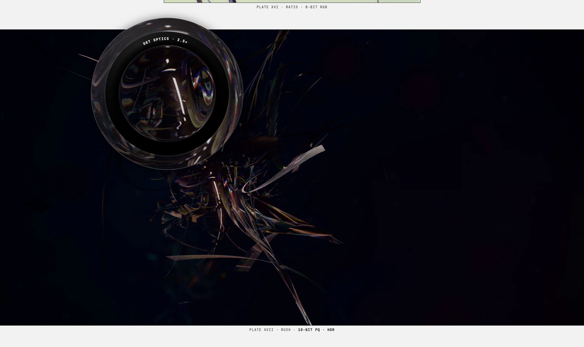 A screenshot of the gallery page: a wide dark plate carrying a burst of fine iridescent filaments, with a round glass magnifier lettered OKT OPTICS 2.5x held over the upper left and enlarging the strands beneath it. A caption under the plate reads plate XVII, Rush, 10 bit PQ, HDR.