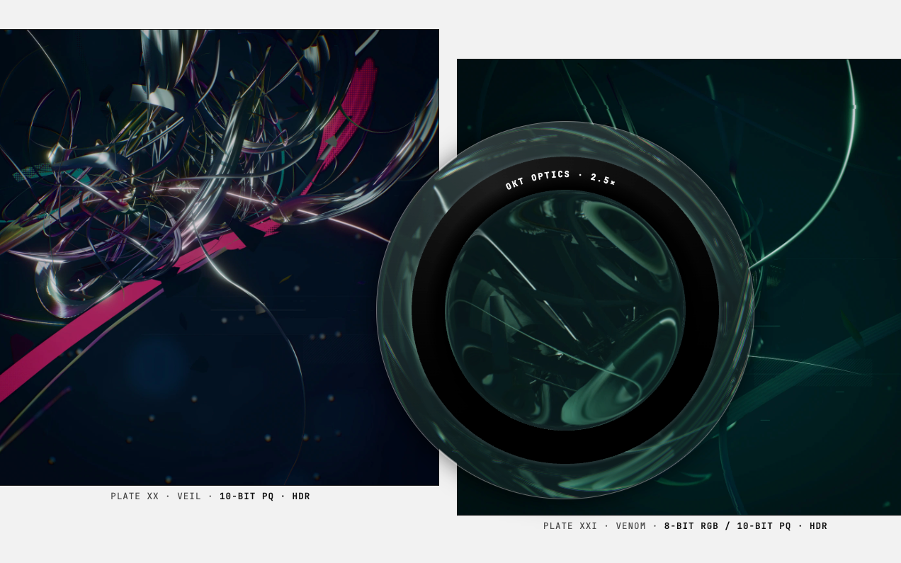 Two dark plates of abstract filament renders side by side on pale grey, with a round glass magnifier lettered OKT Optics resting over the green tinted one.