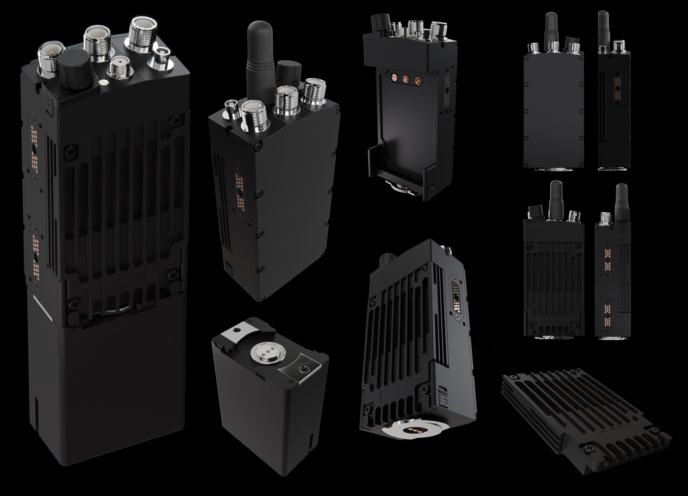 A sheet of lit views of the MPU5 on black: the unit and battery stacked and seen from above, a three quarter view with an antenna fitted, the unit in its mounting cradle, four front and side elevations, the battery on its own, the unit stood on its base contact ring, and the finned heat sink panel.