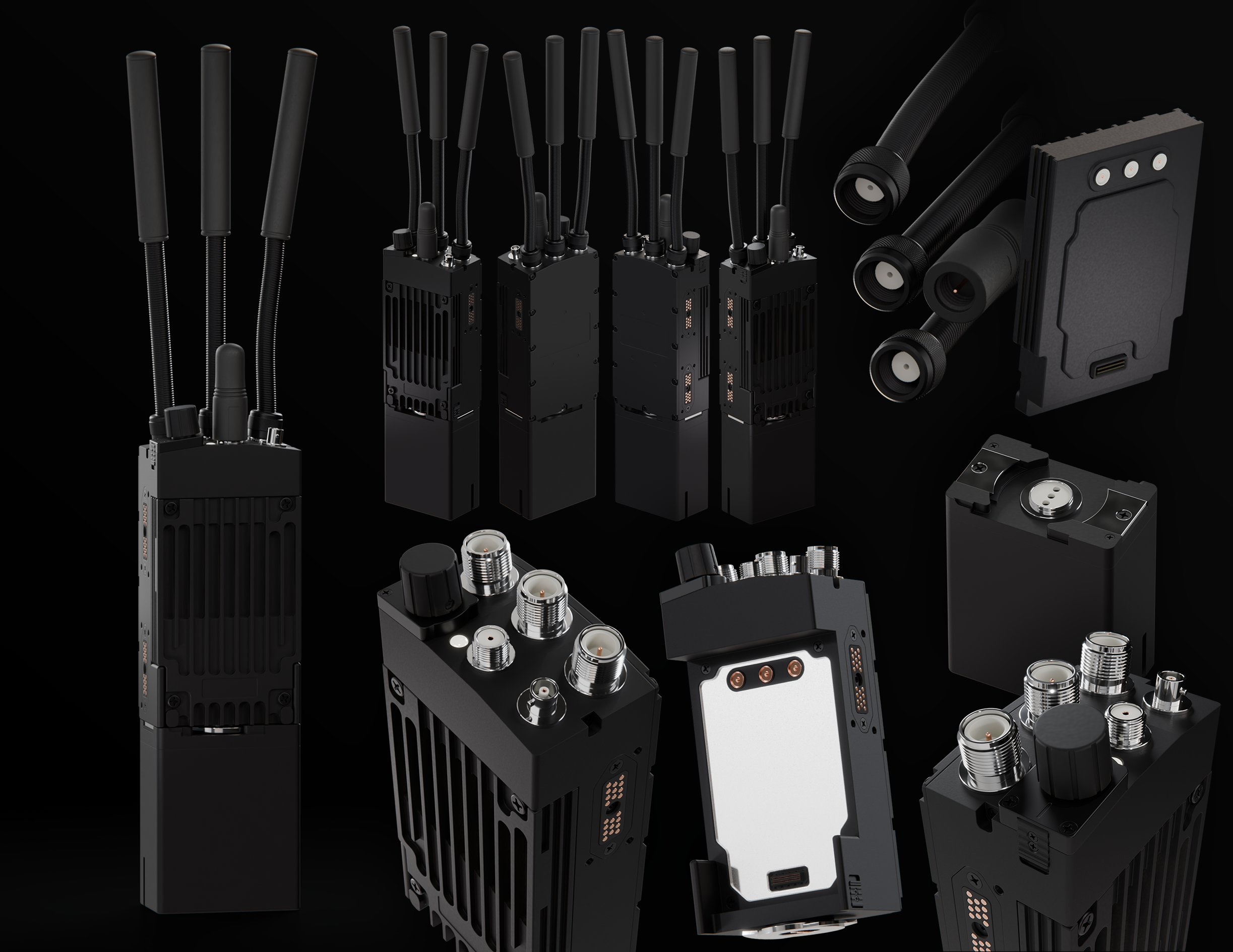 A sheet of lit views of the MPU5 on black: a unit with three flexible antennas fitted, a row of four units seen from the front and the sides, a cluster of antenna bases, the battery from above with its metal socket, a rear plate with three round contacts, a unit turned to show its blank light panel, and two close views of the connector bank.